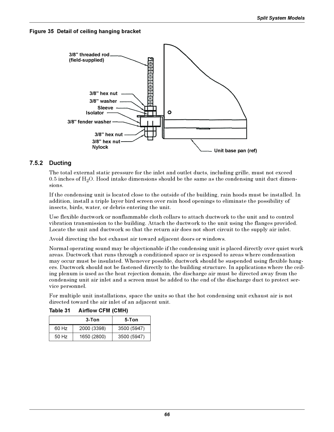 Emerson 3000 installation manual 7.5.2Ducting, Detail of ceiling hanging bracket, Airflow CFM CMH 