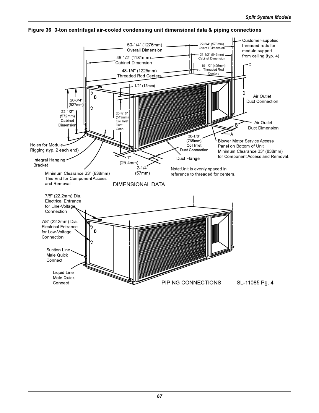 Emerson 3000 installation manual Dimensional Data, Piping Connections, SL-11085Pg, Split System Models 