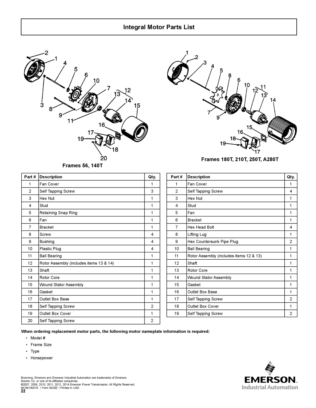 Emerson 3000 Integral Motor Parts List, Frames 180T, 210T, 250T, A280T Frames 56, 140T, Description 