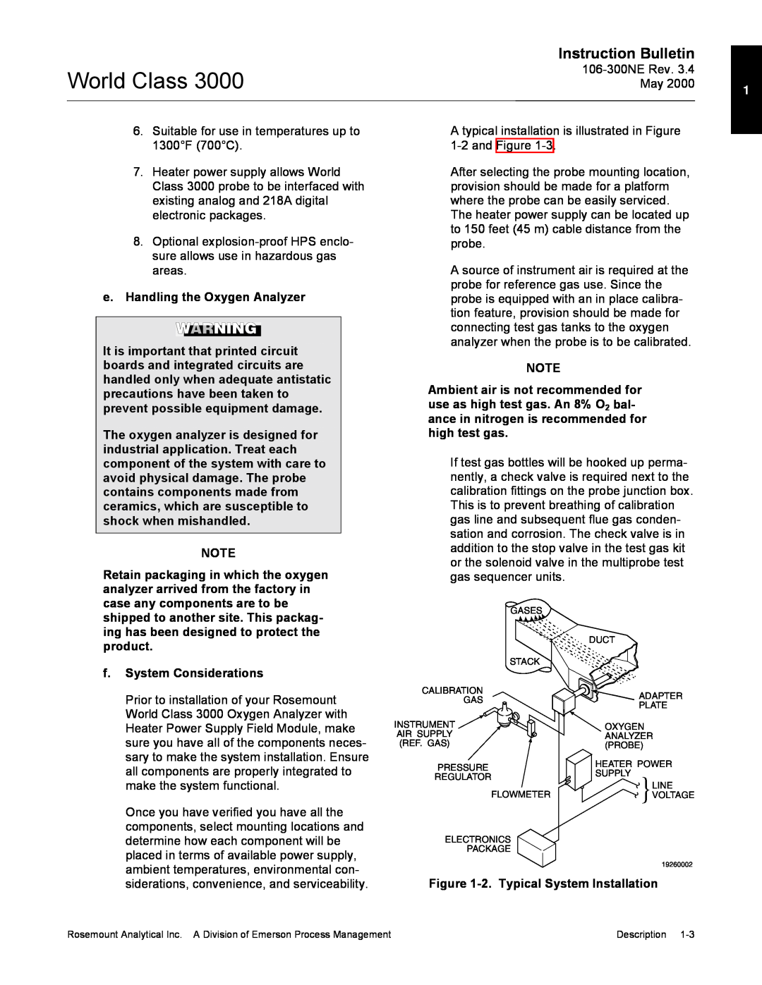 Emerson 3000 manual Instruction Bulletin, e.Handling the Oxygen Analyzer 