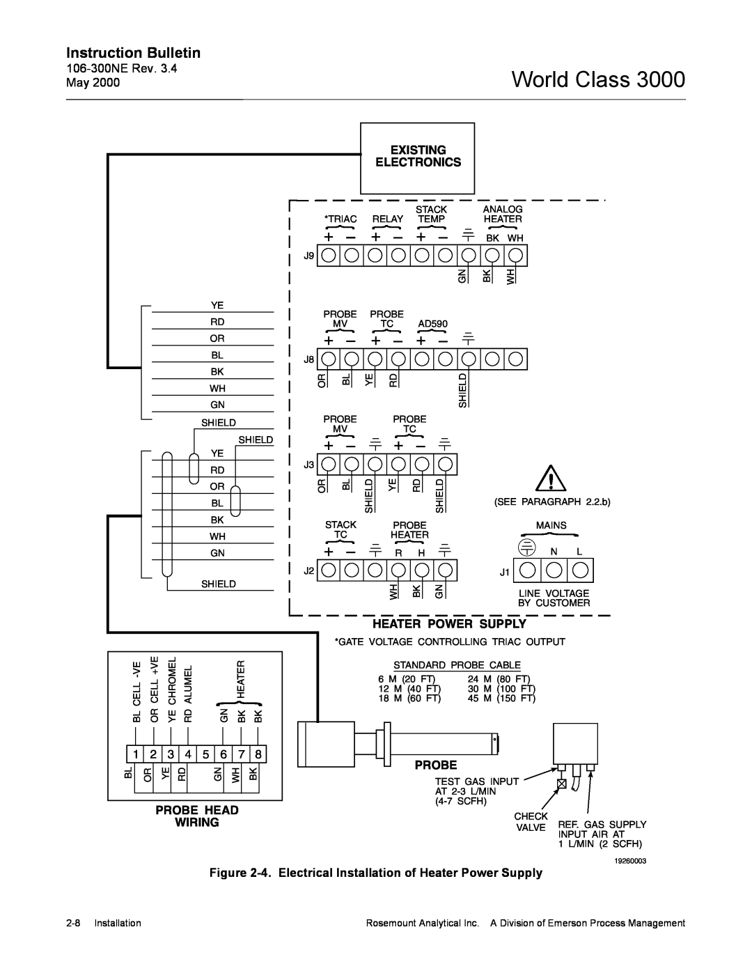Emerson 3000 manual Instruction Bulletin, Existing Electronics, Heater Power Supply, Probe Head Wiring, 2-8Installation 