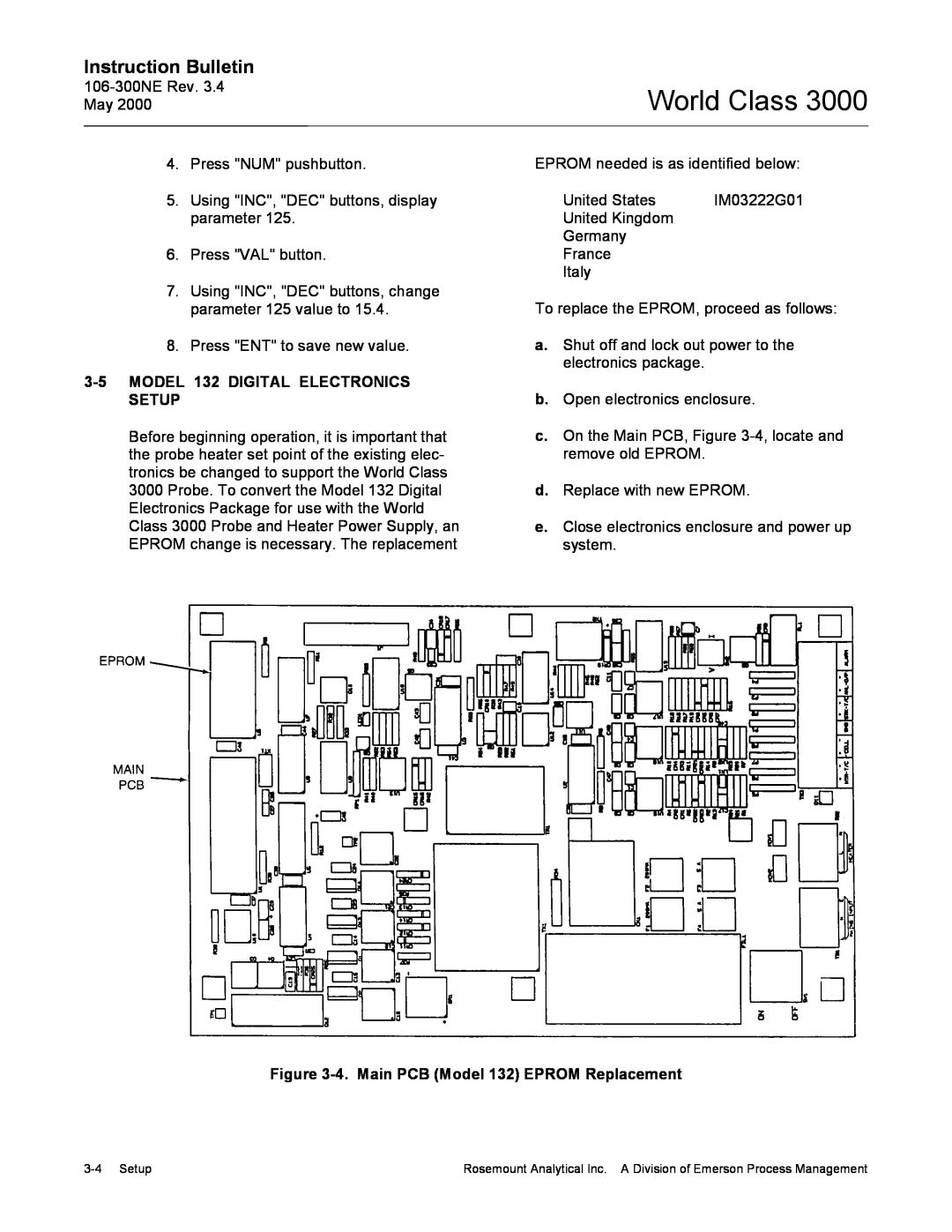 Emerson 3000 manual Instruction Bulletin, 3-5MODEL 132 DIGITAL ELECTRONICS SETUP, 4.Main PCB Model 132 EPROM Replacement 
