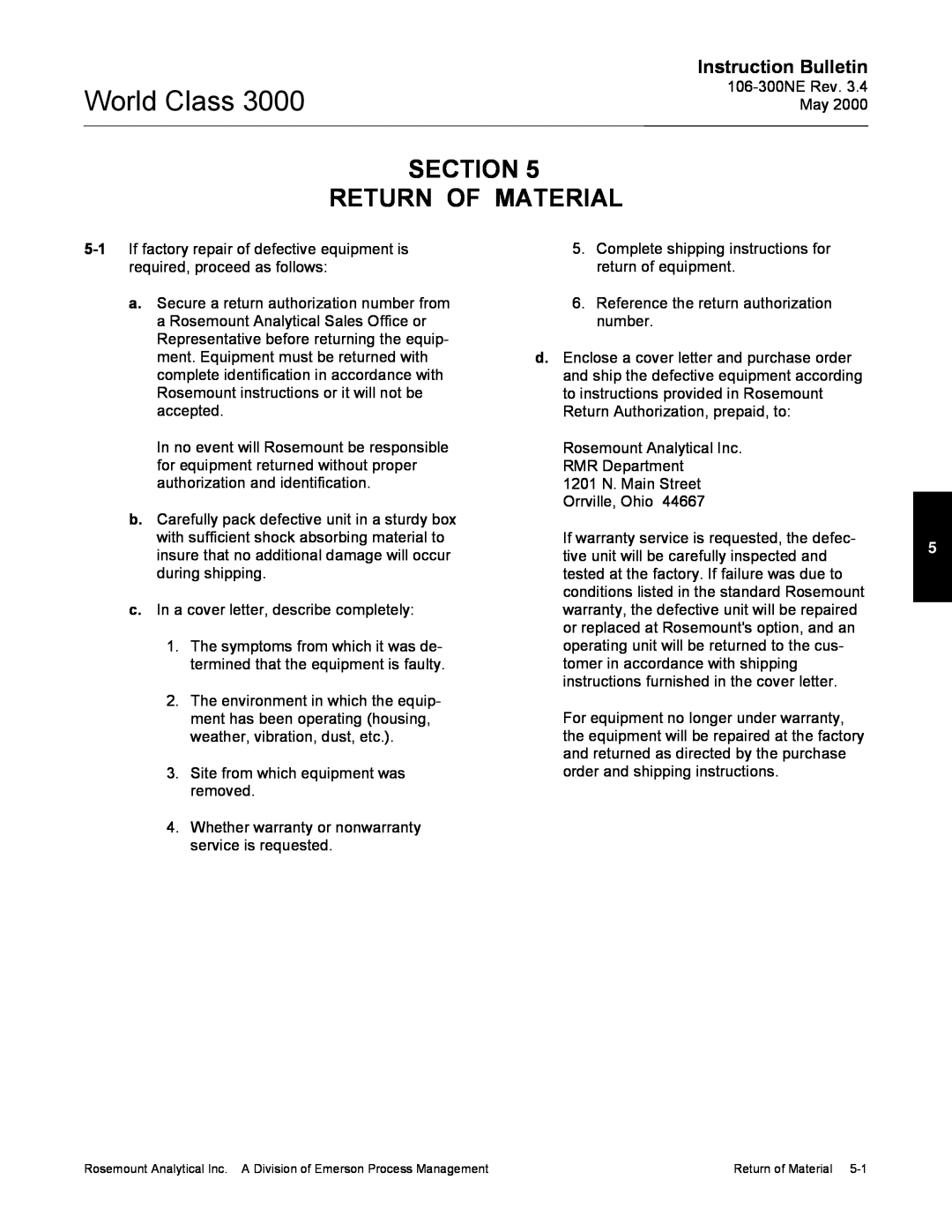 Emerson 3000 manual Section Return Of Material, Instruction Bulletin 