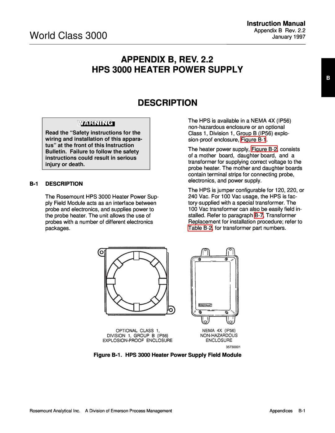 Emerson manual World Class, APPENDIX B, REV. HPS 3000 HEATER POWER SUPPLY, Description, B-1DESCRIPTION 