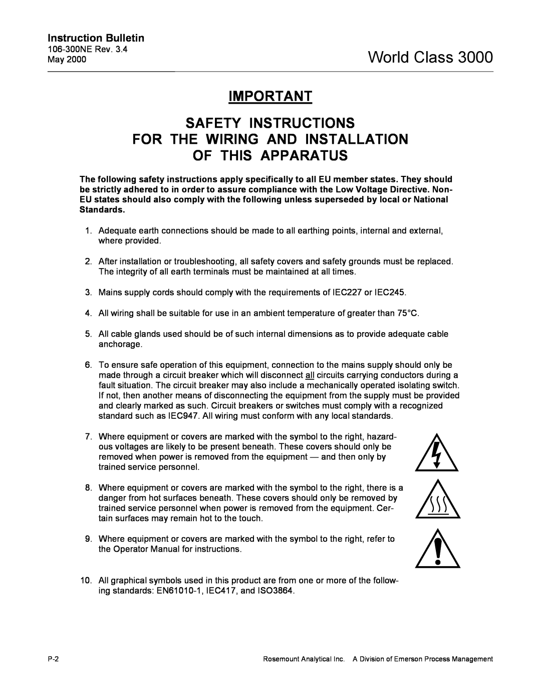 Emerson 3000 manual Safety Instructions, For The Wiring And Installation Of This Apparatus, Instruction Bulletin 