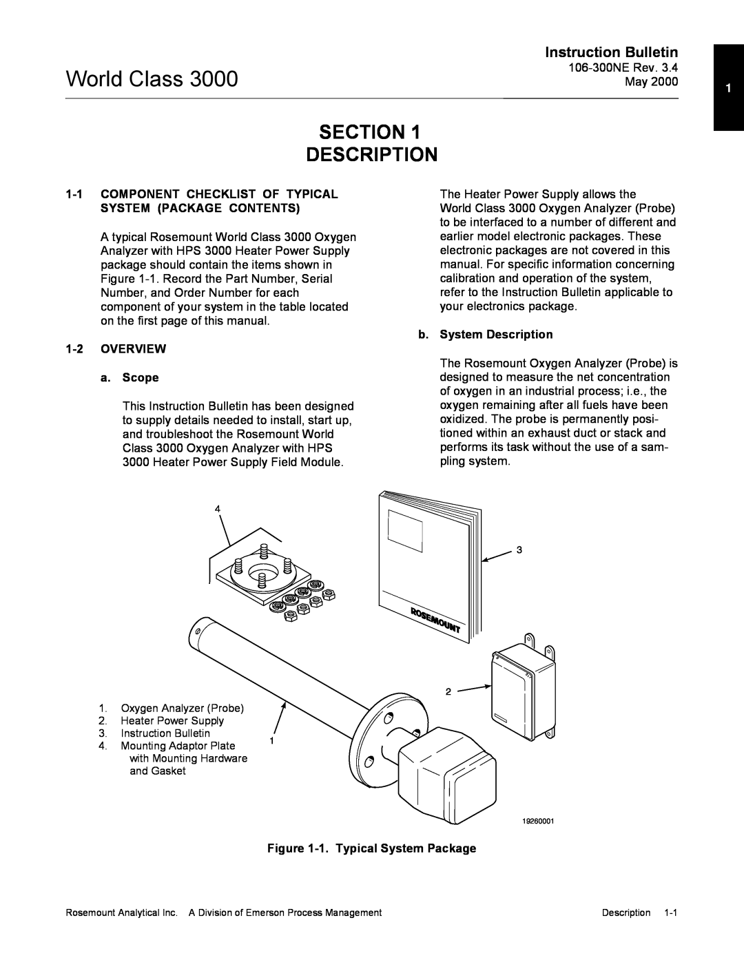 Emerson 3000 manual Section Description, Instruction Bulletin, 1-1COMPONENT CHECKLIST OF TYPICAL, System Package Contents 