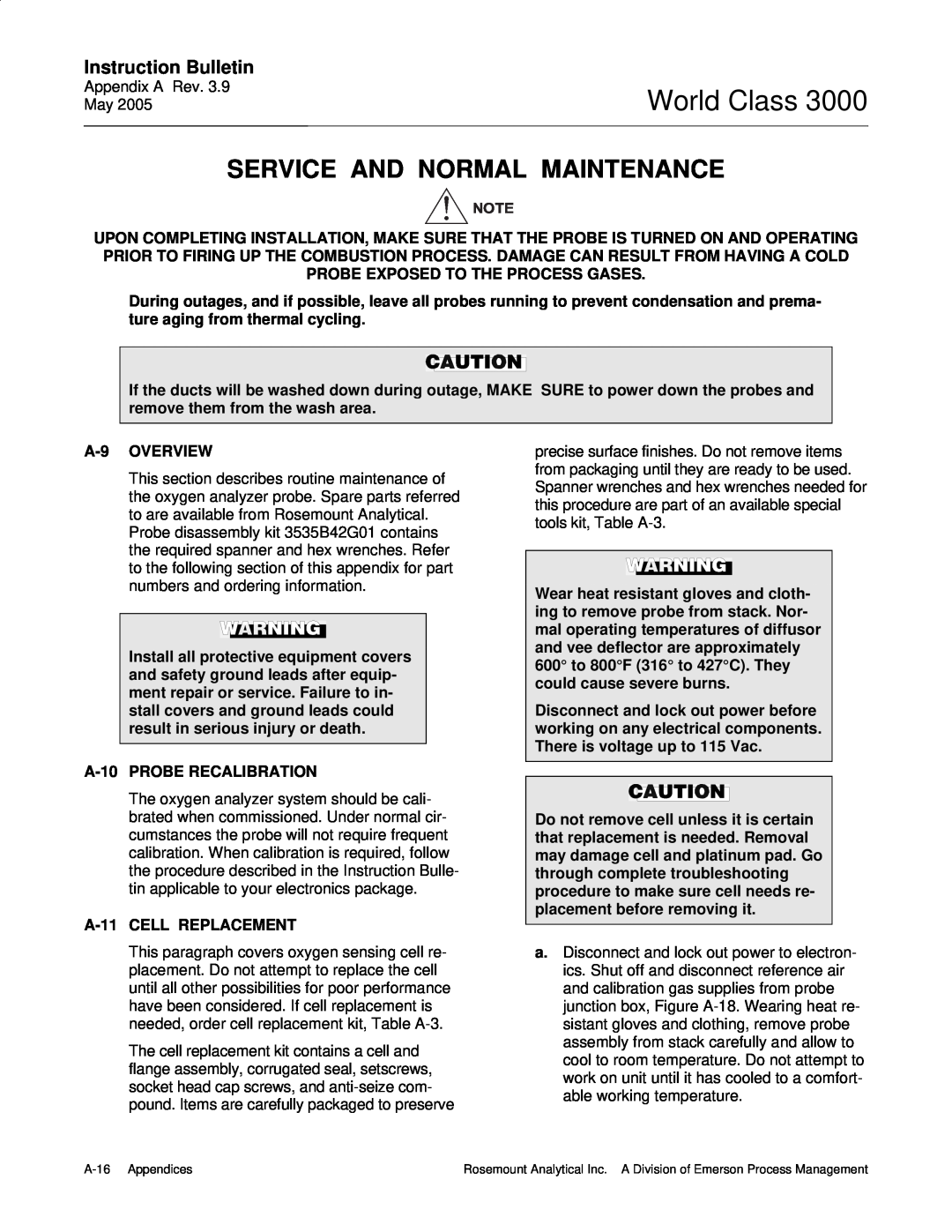 Emerson 3000 Service And Normal Maintenance, World Class, Instruction Bulletin, A-9OVERVIEW, A-10PROBE RECALIBRATION 