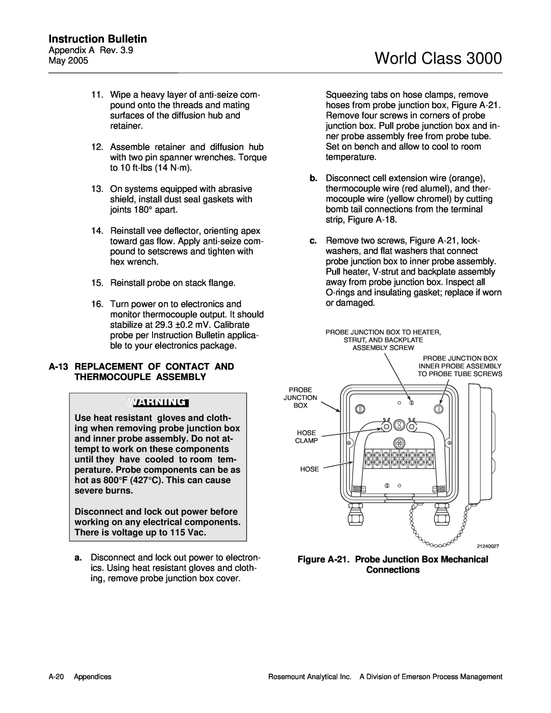 Emerson 3000 World Class, Instruction Bulletin, A-13REPLACEMENT OF CONTACT AND, Thermocouple Assembly, Connections 