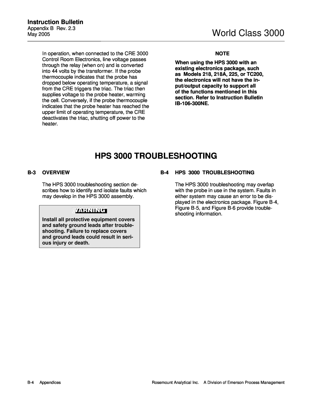 Emerson instruction manual World Class, Instruction Bulletin, B-3OVERVIEW, B-4HPS 3000 TROUBLESHOOTING 
