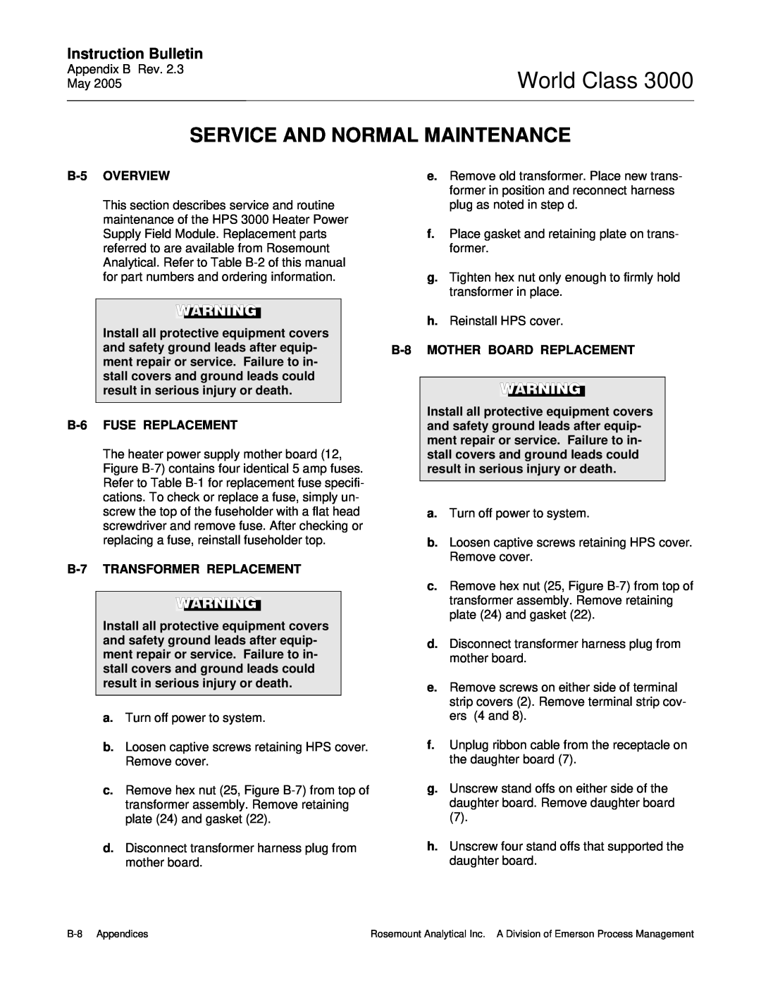 Emerson 3000 World Class, Service And Normal Maintenance, Instruction Bulletin, Overview, Fuse Replacement 