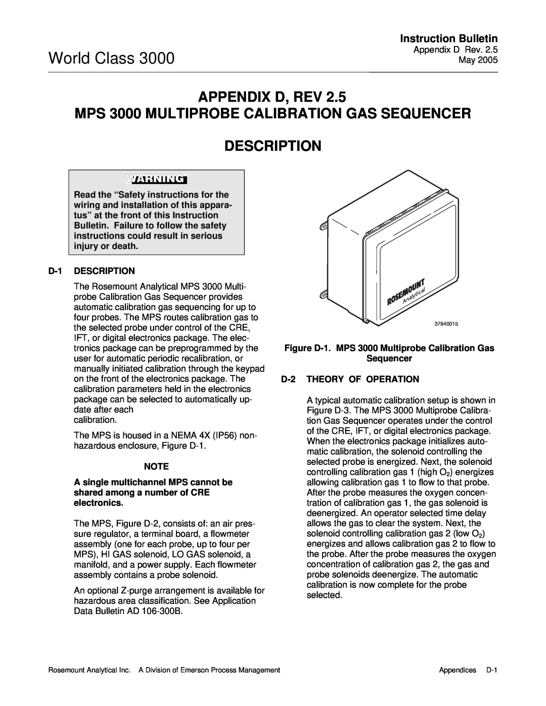 Emerson Appendix D, Rev, MPS 3000 MULTIPROBE CALIBRATION GAS SEQUENCER, World Class, Description, Instruction Bulletin 