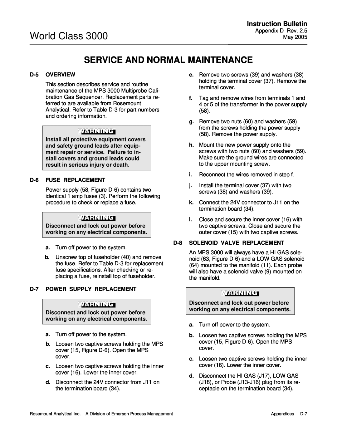 Emerson 3000 World Class, Service And Normal Maintenance, Instruction Bulletin, D-5OVERVIEW, D-6FUSE REPLACEMENT 
