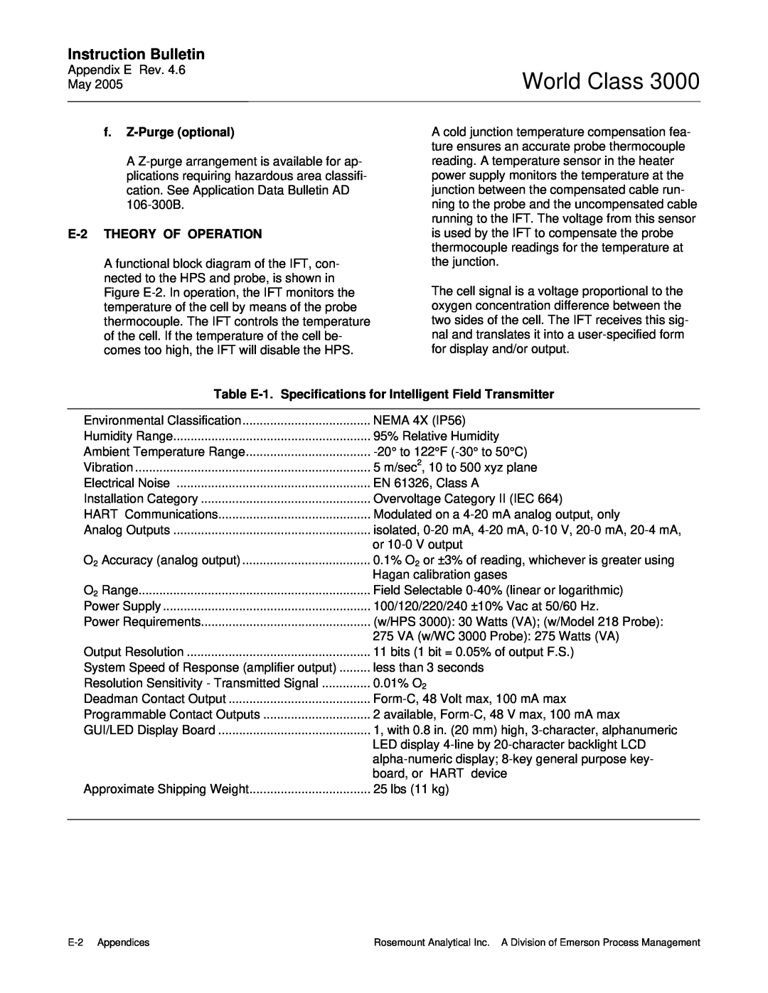Emerson 3000 instruction manual World Class, Instruction Bulletin, f.Z-Purgeoptional, E-2THEORY OF OPERATION 
