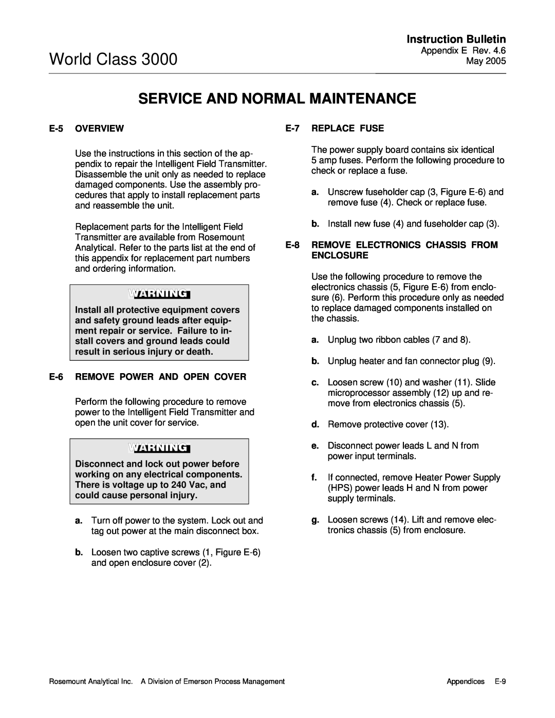Emerson 3000 World Class, Service And Normal Maintenance, Instruction Bulletin, E-5OVERVIEW, E-7REPLACE FUSE 