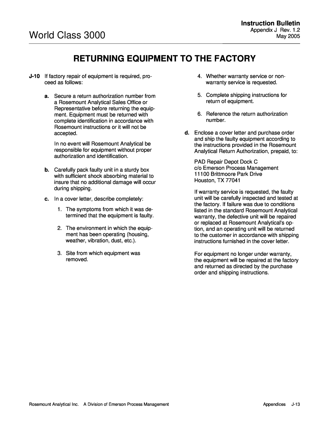 Emerson 3000 instruction manual Returning Equipment To The Factory, World Class, Instruction Bulletin 