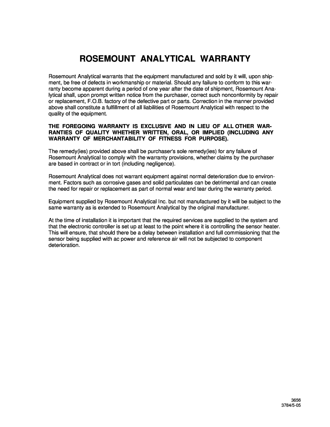 Emerson 3000 instruction manual Rosemount Analytical Warranty, 3656 3784/5-05 