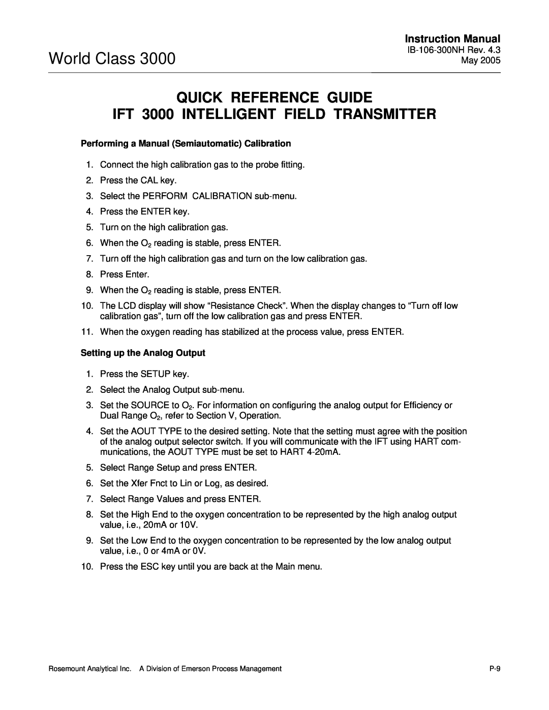 Emerson Quick Reference Guide, IFT 3000 INTELLIGENT FIELD TRANSMITTER, World Class, Instruction Manual 