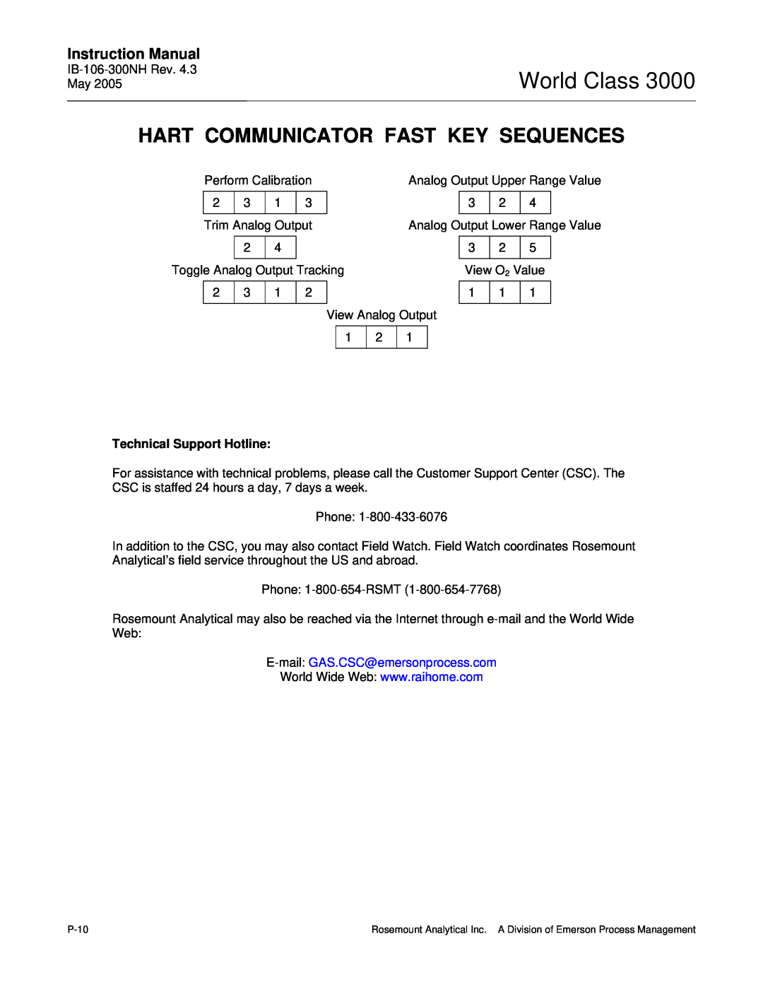 Emerson 3000 Hart Communicator Fast Key Sequences, World Class, Instruction Manual, Technical Support Hotline 