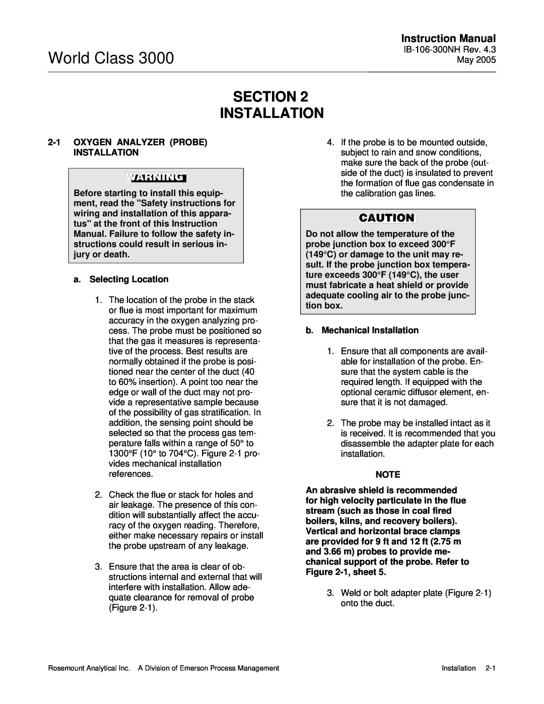 Emerson 3000 Section Installation, World Class, Instruction Manual, 2-1OXYGEN ANALYZER PROBE INSTALLATION 
