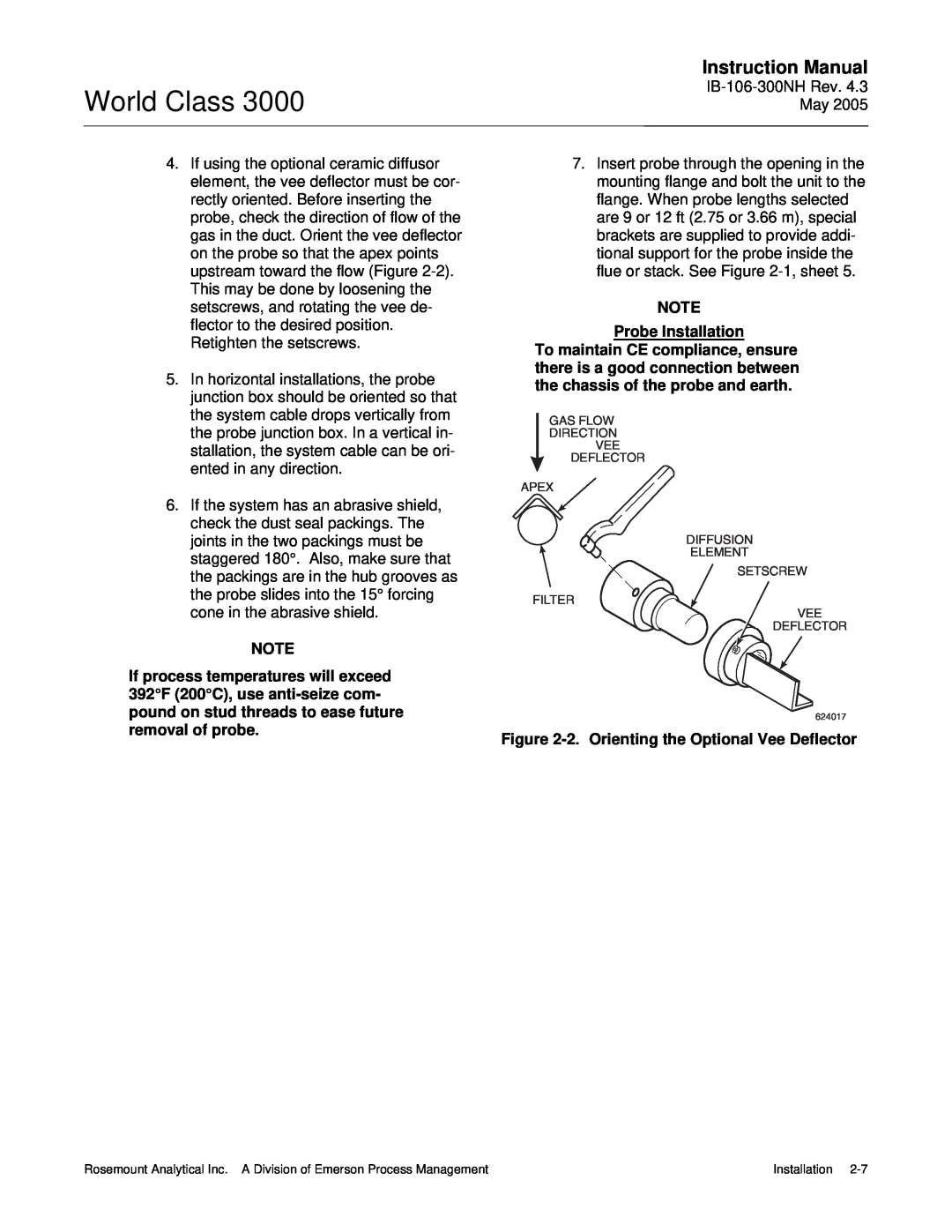 Emerson 3000 instruction manual World Class, Instruction Manual, Probe Installation, 2.Orienting the Optional Vee Deflector 