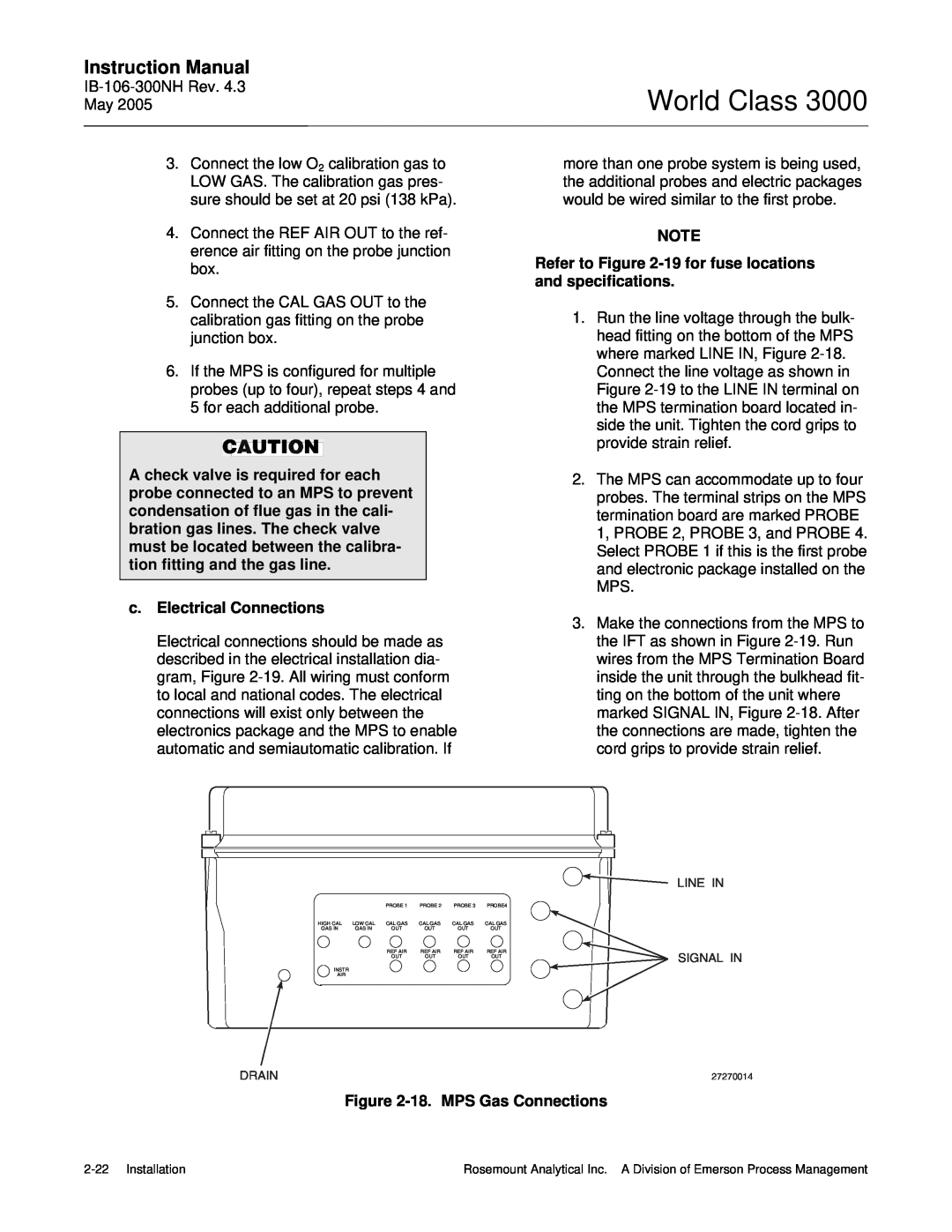 Emerson 3000 instruction manual World Class, Instruction Manual, c.Electrical Connections, 18.MPS Gas Connections 