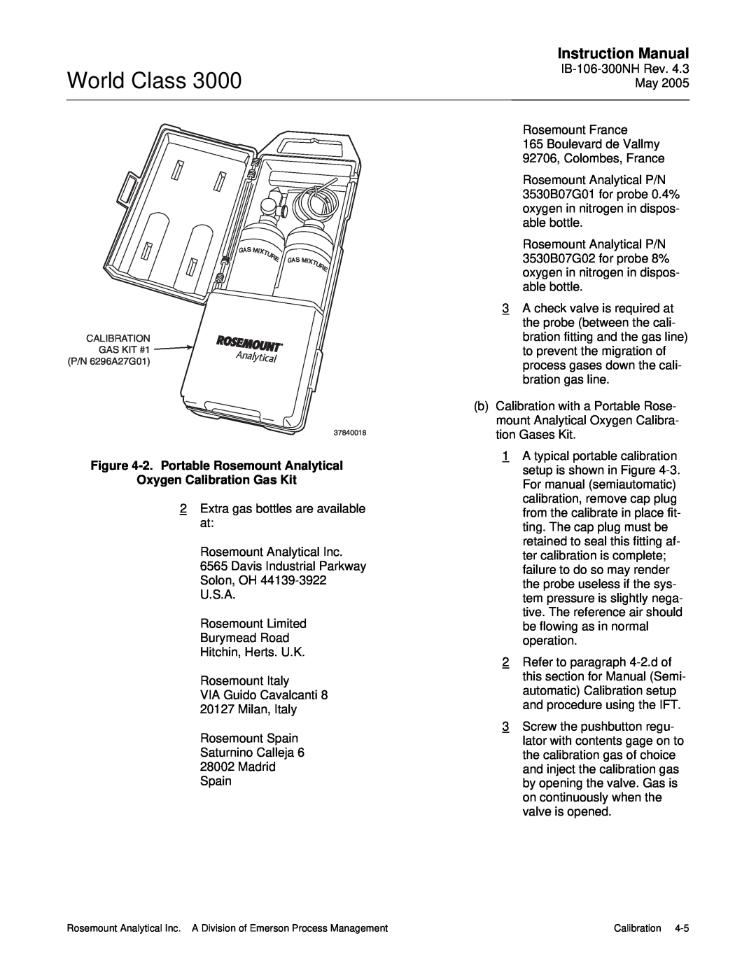Emerson 3000 World Class, Instruction Manual, 2.Portable Rosemount Analytical, Oxygen Calibration Gas Kit 