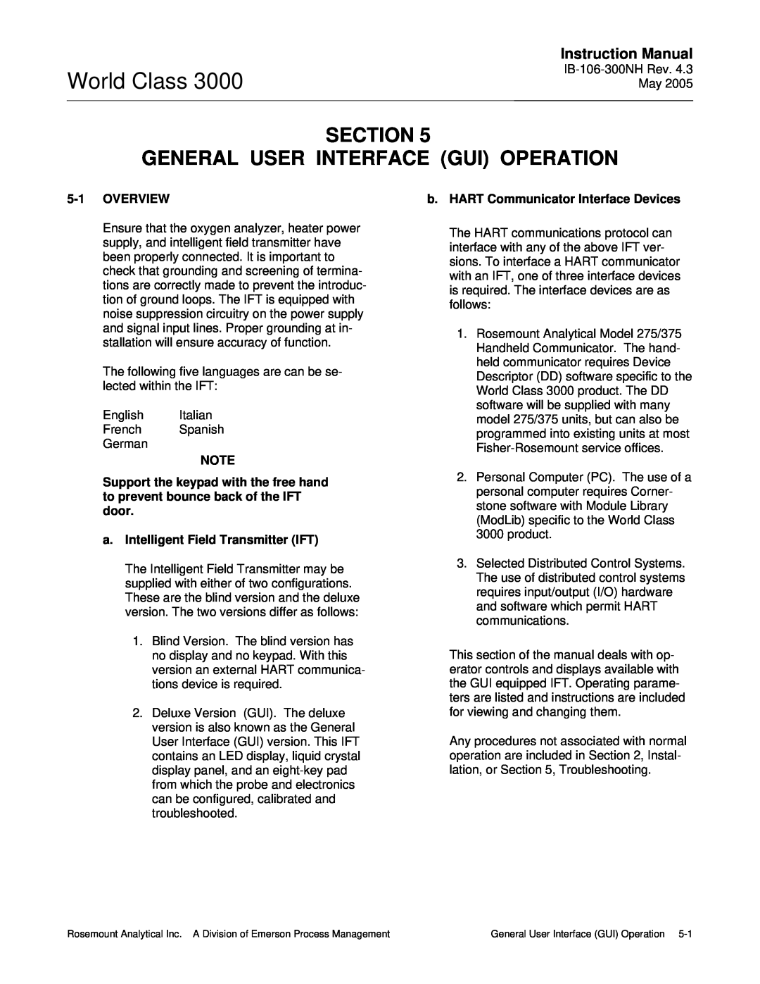 Emerson 3000 instruction manual Section General User Interface Gui Operation, World Class, Instruction Manual, 5-1OVERVIEW 