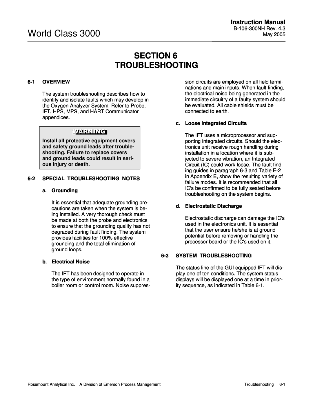 Emerson 3000 Section Troubleshooting, World Class, 6-1OVERVIEW, 6-2SPECIAL TROUBLESHOOTING NOTES a.Grounding 
