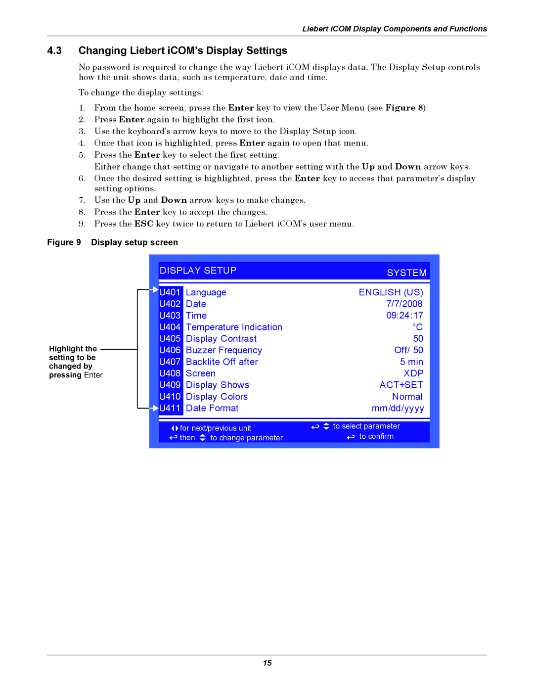 Emerson 3000/ITR manual Changing Liebert iCOM’s Display Settings, Highlight the setting to be changed by pressing Enter 