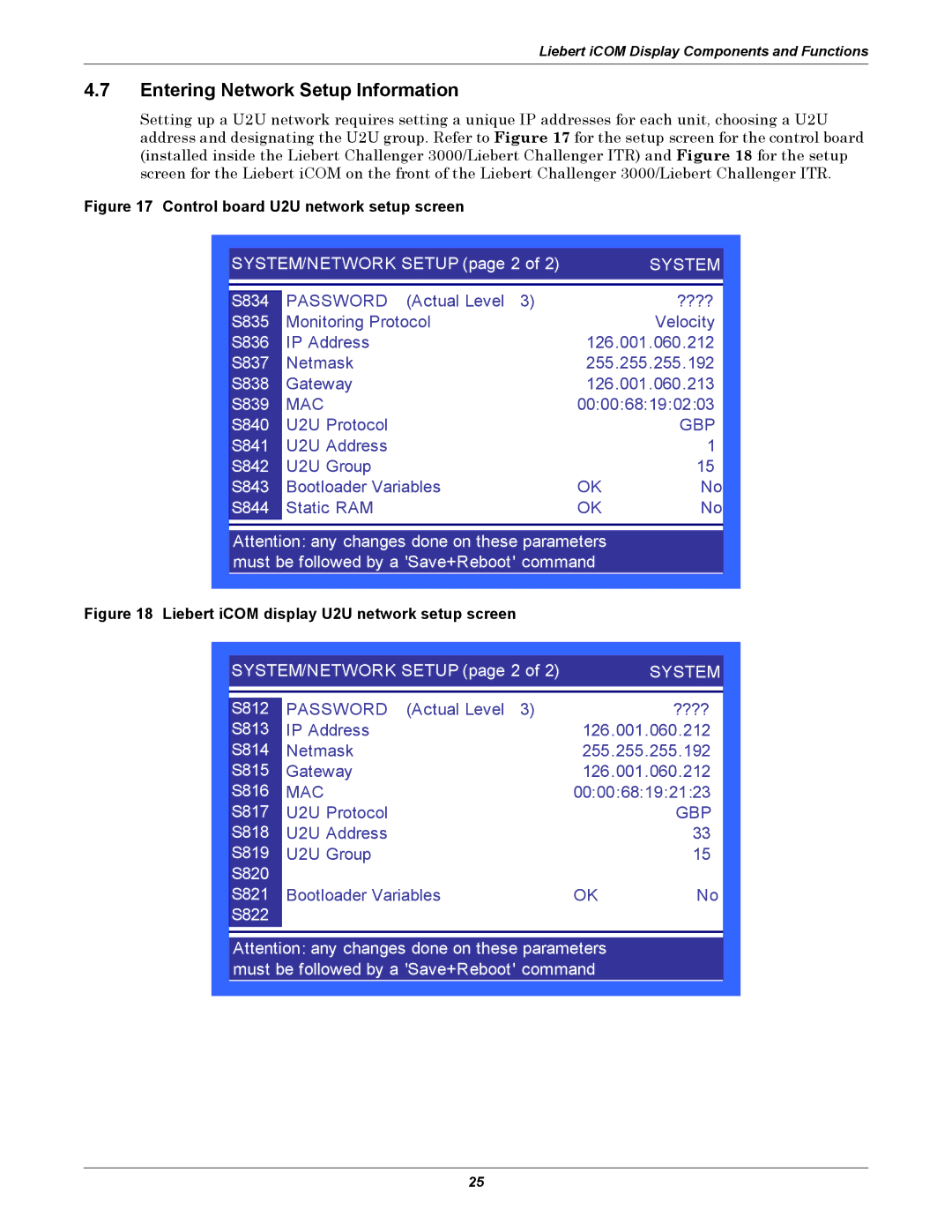 Emerson 3000/ITR manual Entering Network Setup Information, Control board U2U network setup screen 