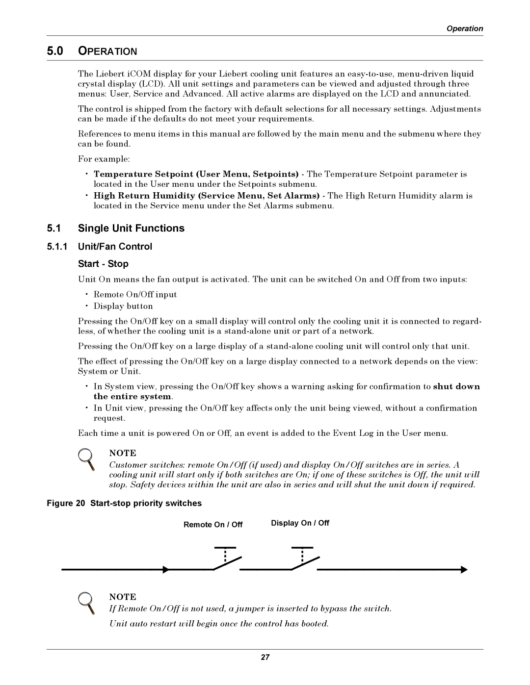 Emerson 3000/ITR manual Single Unit Functions, Operation, Unit/Fan Control Start Stop, Remote On / Off Display On / Off 