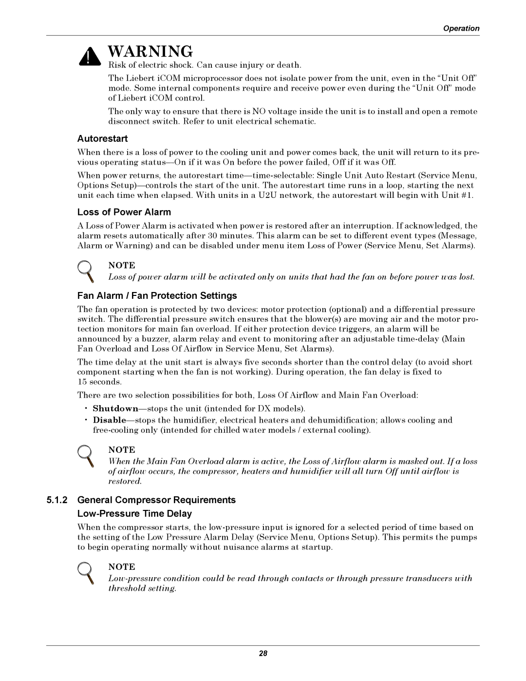 Emerson 3000/ITR manual Autorestart, Loss of Power Alarm, Fan Alarm / Fan Protection Settings 