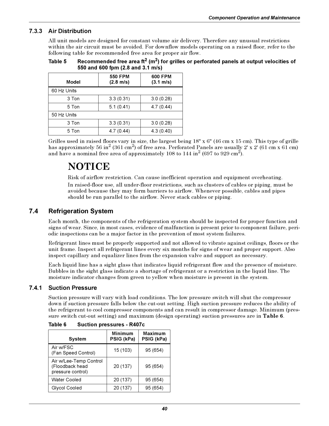 Emerson 3000/ITR manual Refrigeration System, Air Distribution, Suction Pressure, Suction pressures R407c 