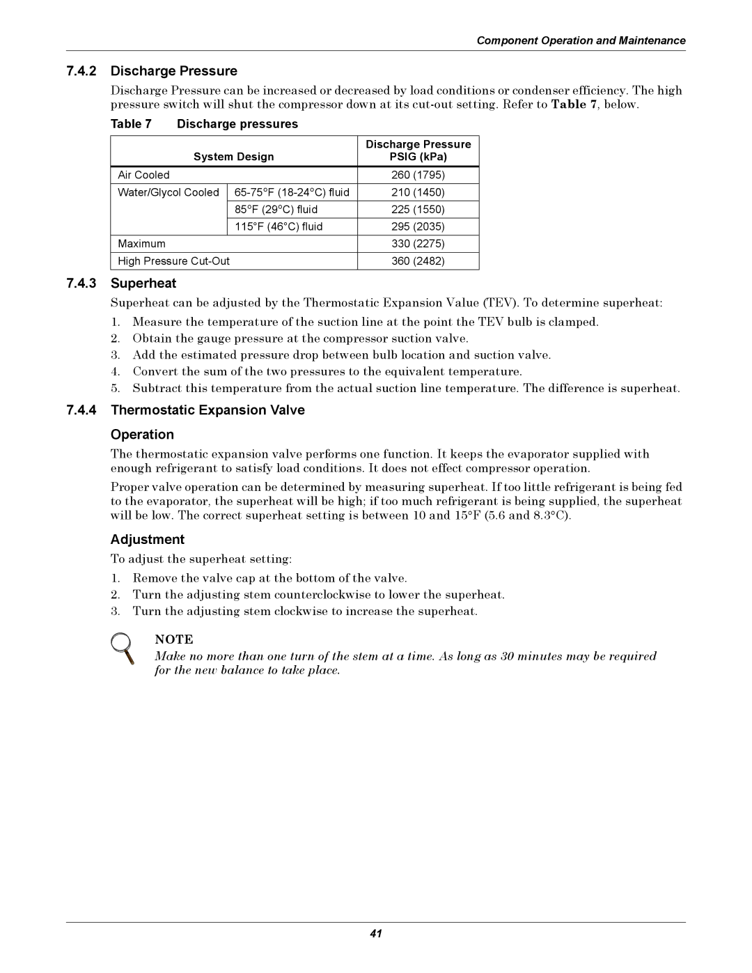 Emerson 3000/ITR Discharge Pressure, Superheat, Thermostatic Expansion Valve Operation, Adjustment, Discharge pressures 