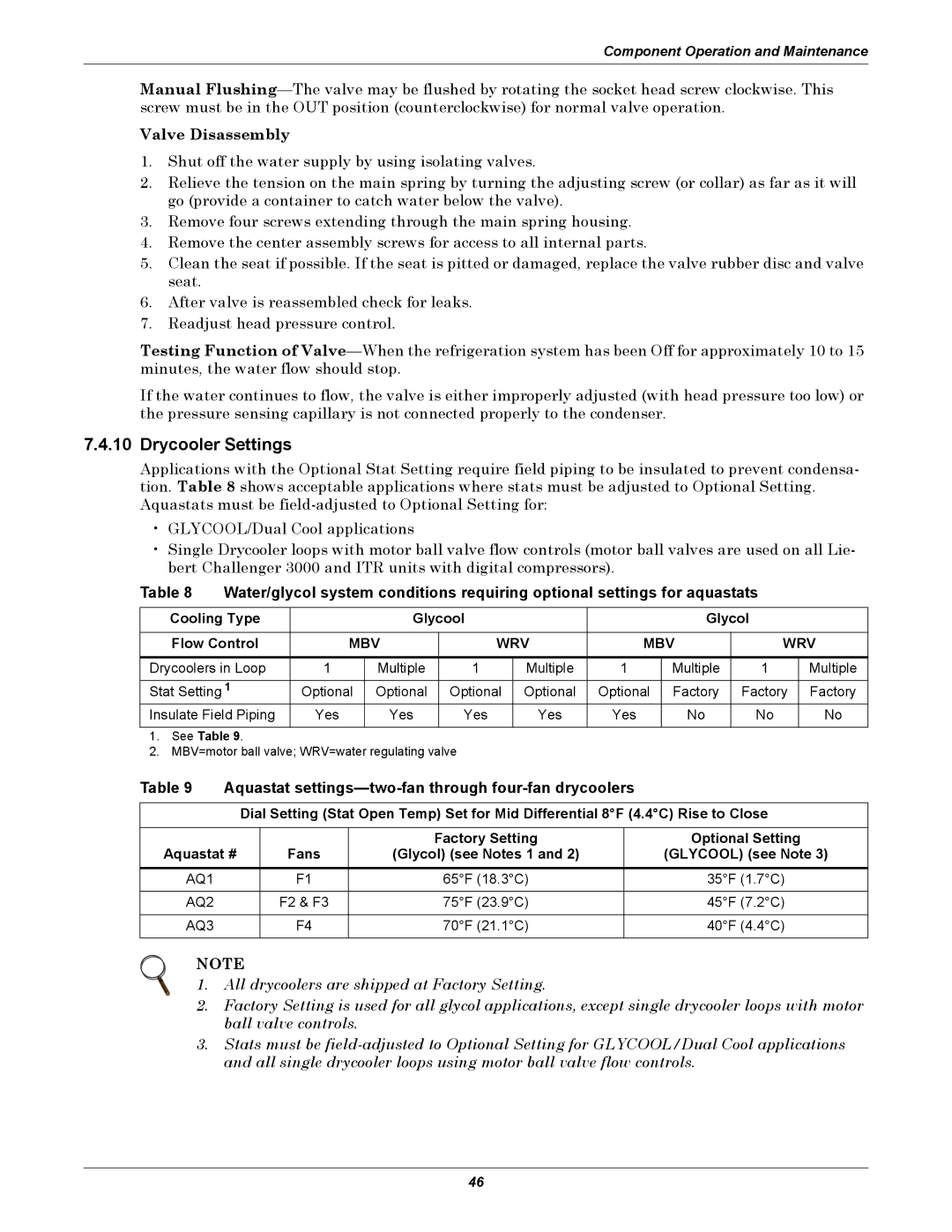 Emerson 3000/ITR manual Drycooler Settings, Aquastat settings-two-fan through four-fan drycoolers 