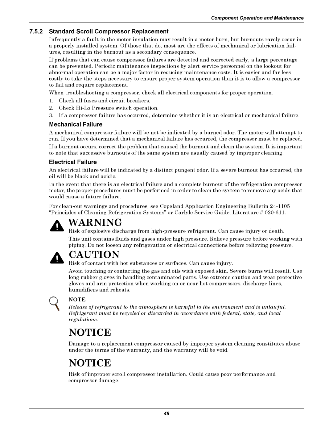 Emerson 3000/ITR manual Standard Scroll Compressor Replacement, Mechanical Failure, Electrical Failure 