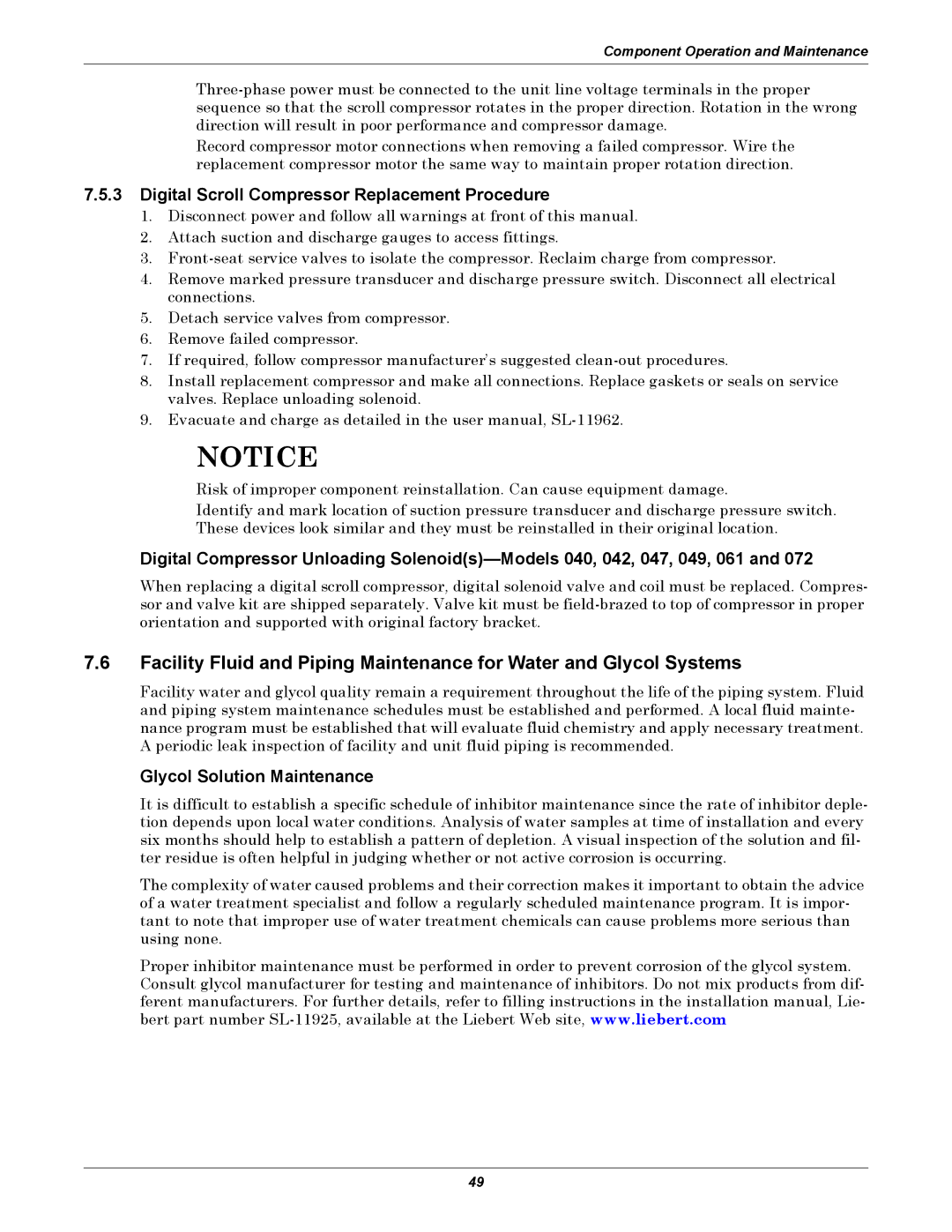 Emerson 3000/ITR manual Digital Scroll Compressor Replacement Procedure, Glycol Solution Maintenance 