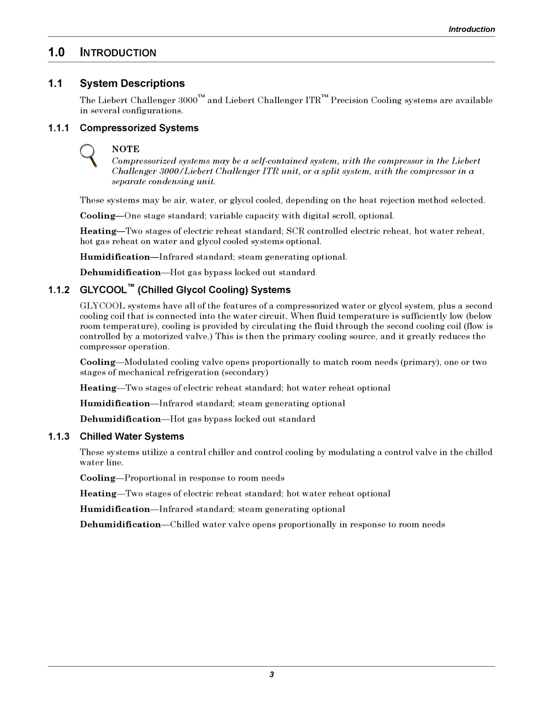 Emerson 3000/ITR manual System Descriptions, Introduction, Compressorized Systems, Glycool Chilled Glycol Cooling Systems 