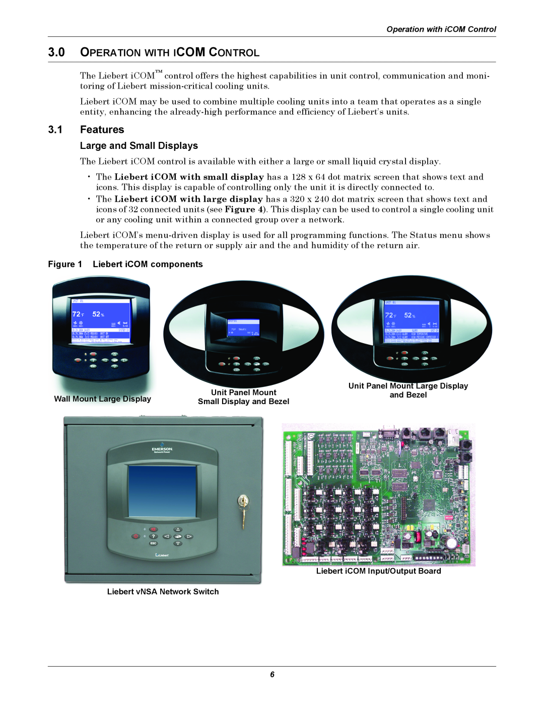 Emerson 3000/ITR manual 3.1Features, 3.0OPERATION WITH ICOM CONTROL, Large and Small Displays, Liebert iCOM components 