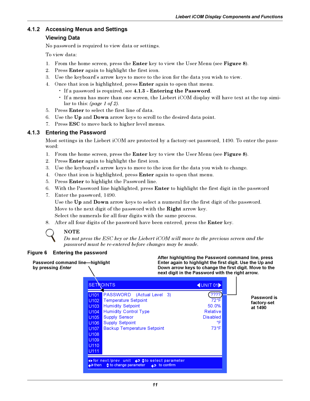 Emerson 3000/ITR manual 4.1.2Accessing Menus and Settings Viewing Data, 4.1.3Entering the Password, Entering the password 
