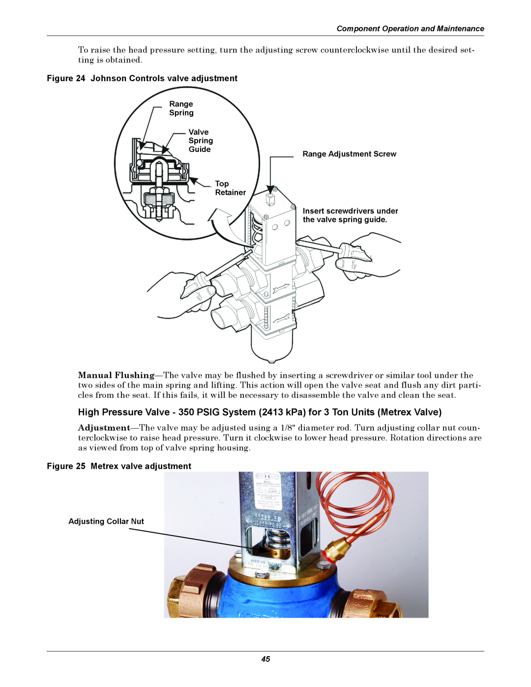 Emerson 3000/ITR manual Johnson Controls valve adjustment, Metrex valve adjustment, Component Operation and Maintenance 