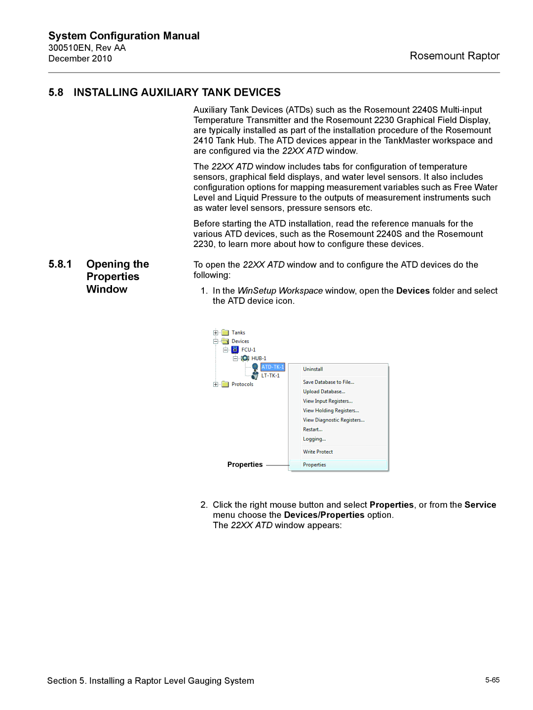 Emerson 300510EN configurationmanual Installing Auxiliary Tank Devices, Opening the Properties Window 