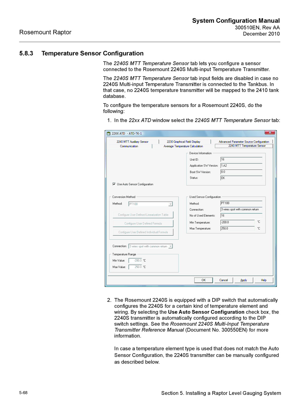 Emerson 300510EN Temperature Sensor Configuration, 22xx ATD window select the 2240S MTT Temperature Sensor tab 