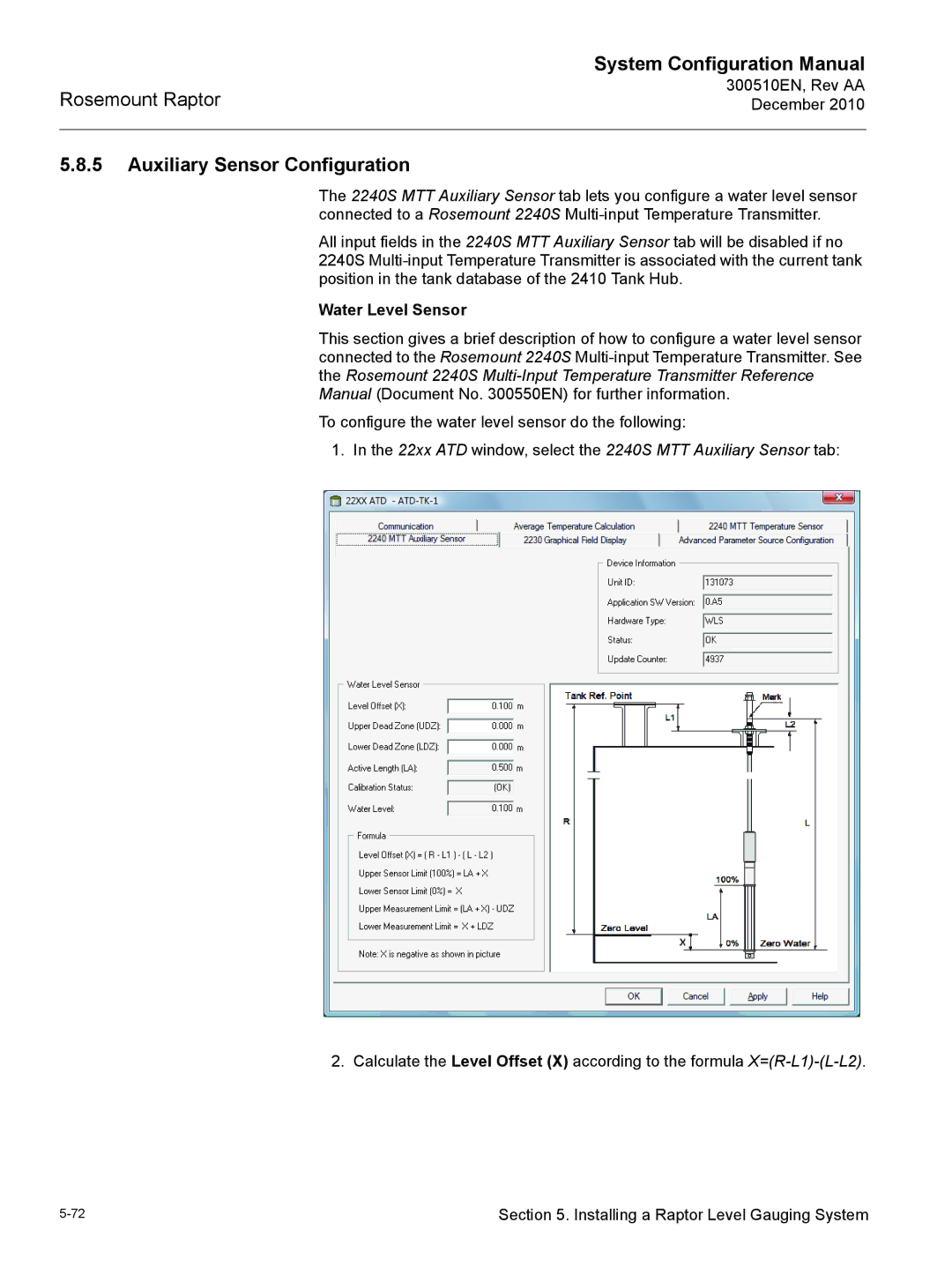 Emerson 300510EN configurationmanual Auxiliary Sensor Configuration, Water Level Sensor 