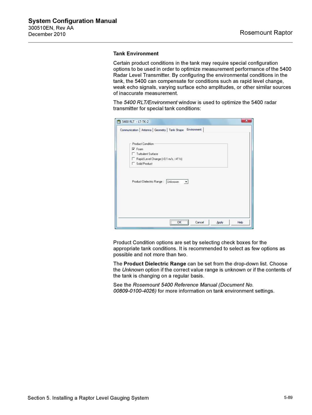 Emerson 300510EN configurationmanual Tank Environment, See the Rosemount 5400 Reference Manual Document No 