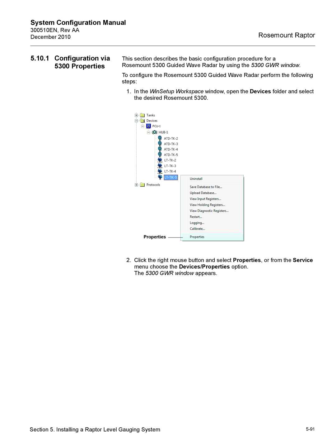 Emerson 300510EN configurationmanual Configuration via 5300 Properties, GWR window appears 