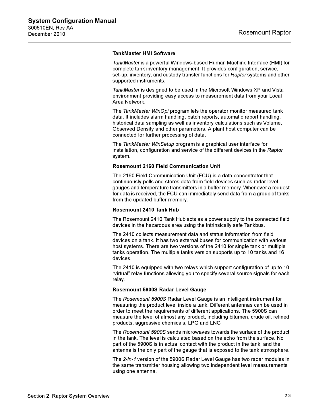 Emerson 300510EN TankMaster HMI Software, Rosemount 2160 Field Communication Unit, Rosemount 2410 Tank Hub 