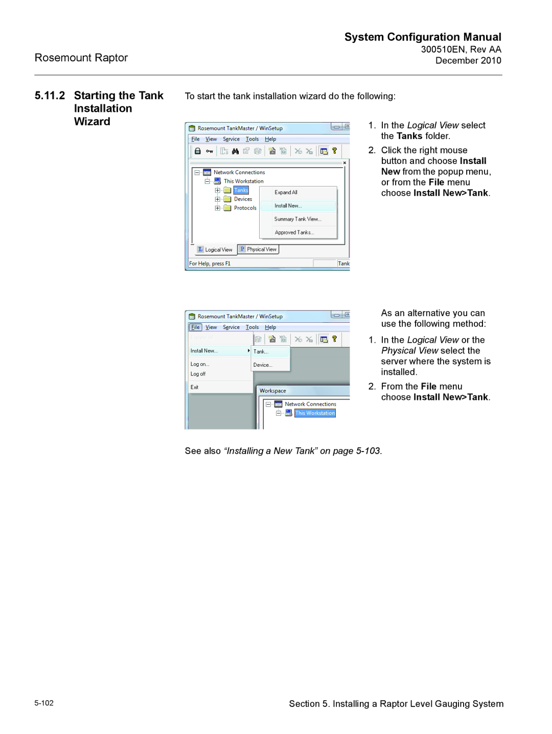 Emerson 300510EN configurationmanual Starting the Tank Installation Wizard, See also Installing a New Tank on 