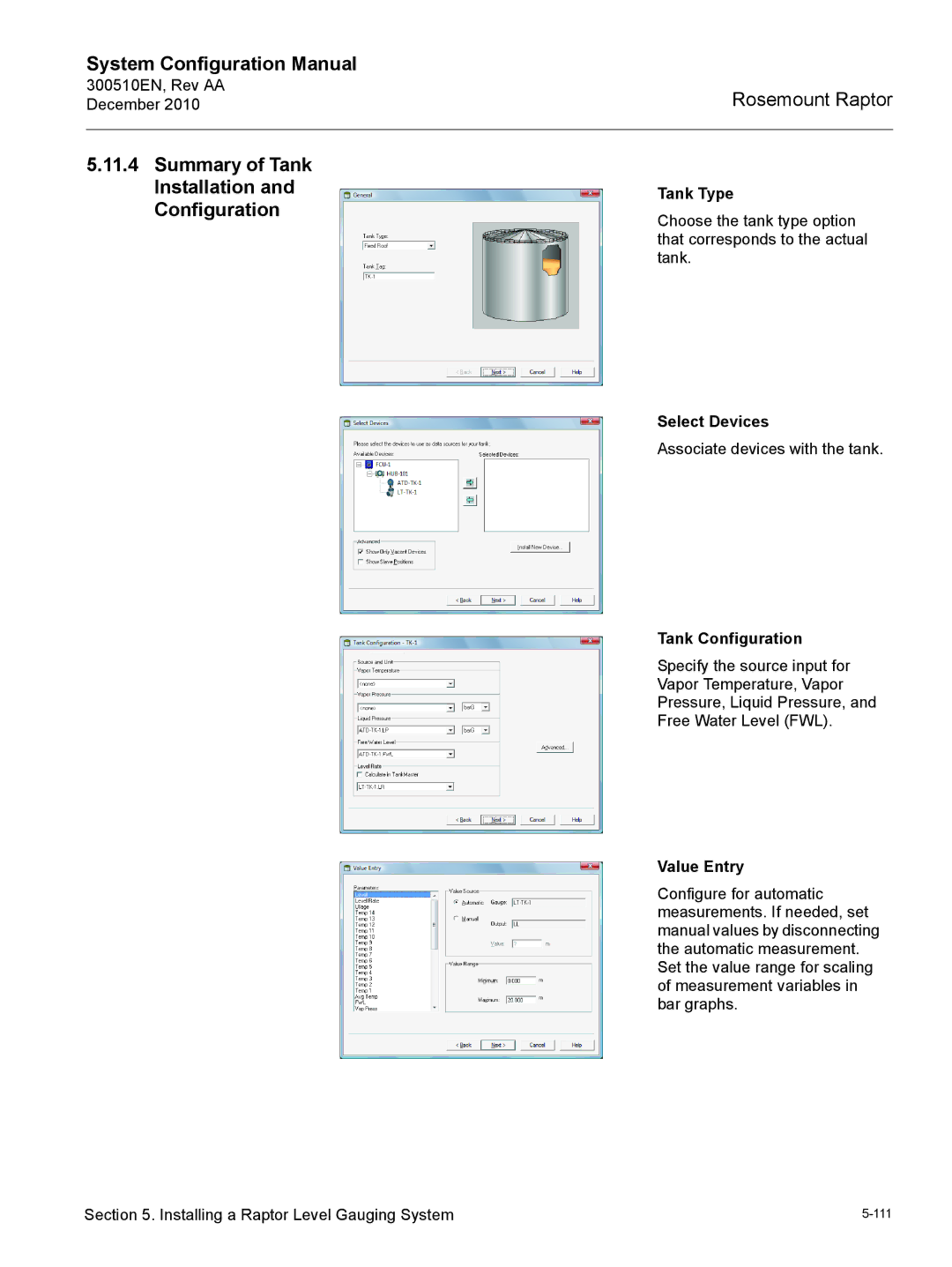 Emerson 300510EN Summary of Tank Installation and Configuration, Tank Type, Select Devices, Tank Configuration 