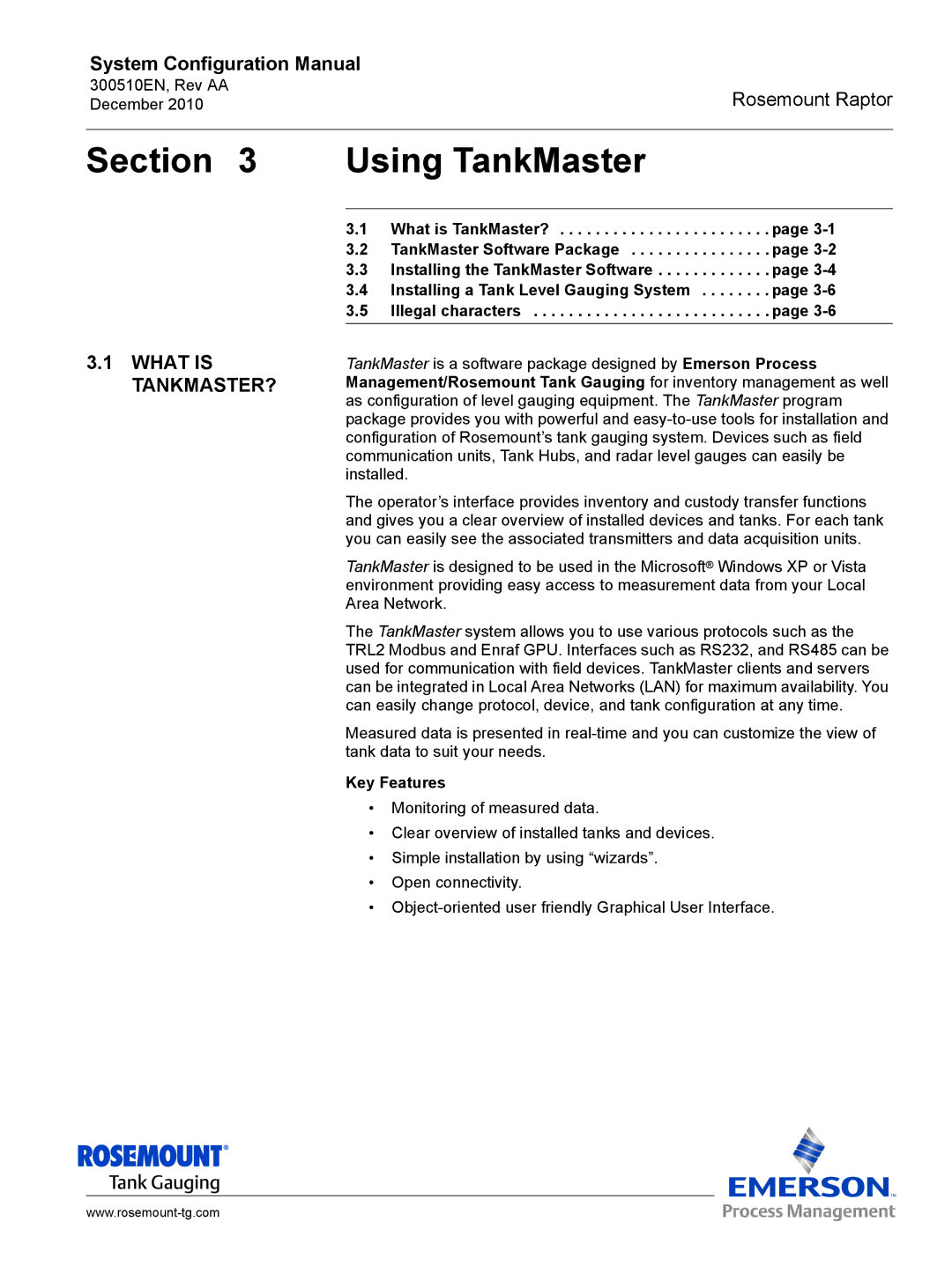 Emerson 300510EN configurationmanual What is TANKMASTER?, Key Features 